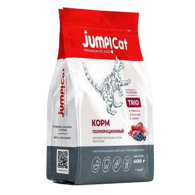Jump!Cat Trio сухой корм для взрослых кошек и котов три вида мяса говядина, кролик, баранина 0,4 кг